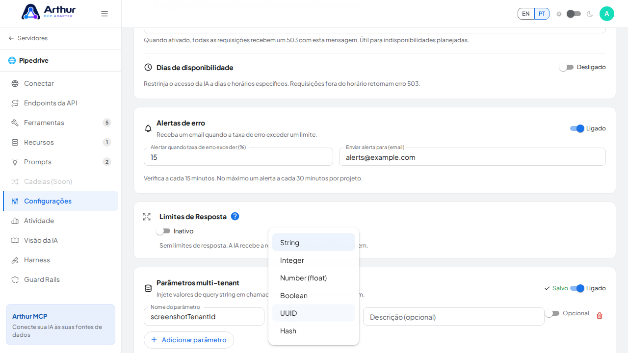 Abra a lista de tipos do novo parâmetro