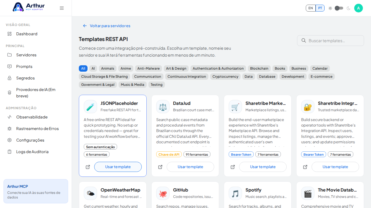 Destaque o primeiro template de integração disponível e sua ação