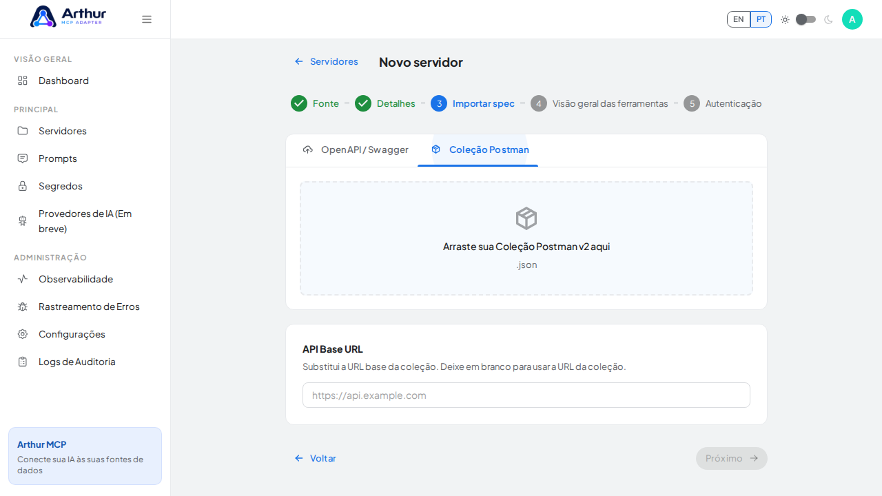 Troque do OpenAPI para o importador de coleção Postman