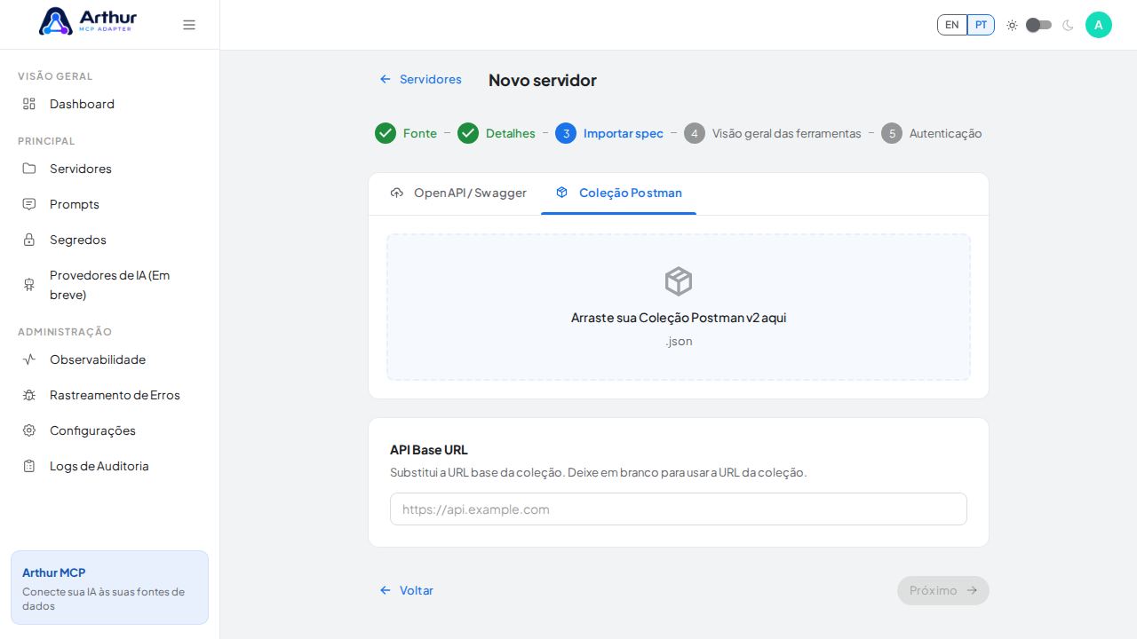 Enquadre a área de upload do JSON Postman v2