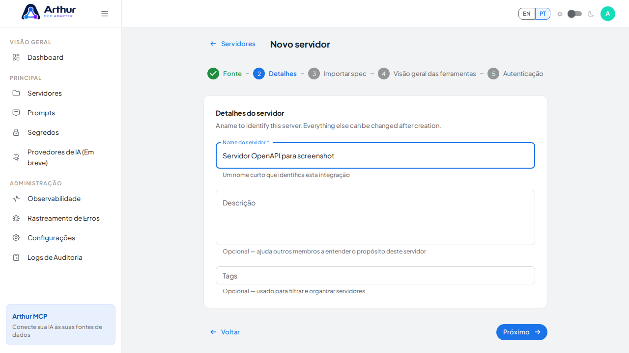Nomeie o servidor que receberá a especificação importada
