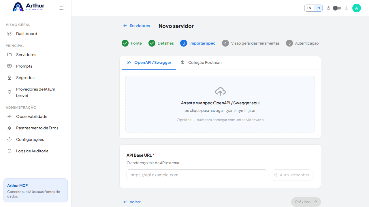Abra a interface de importação OpenAPI e Postman