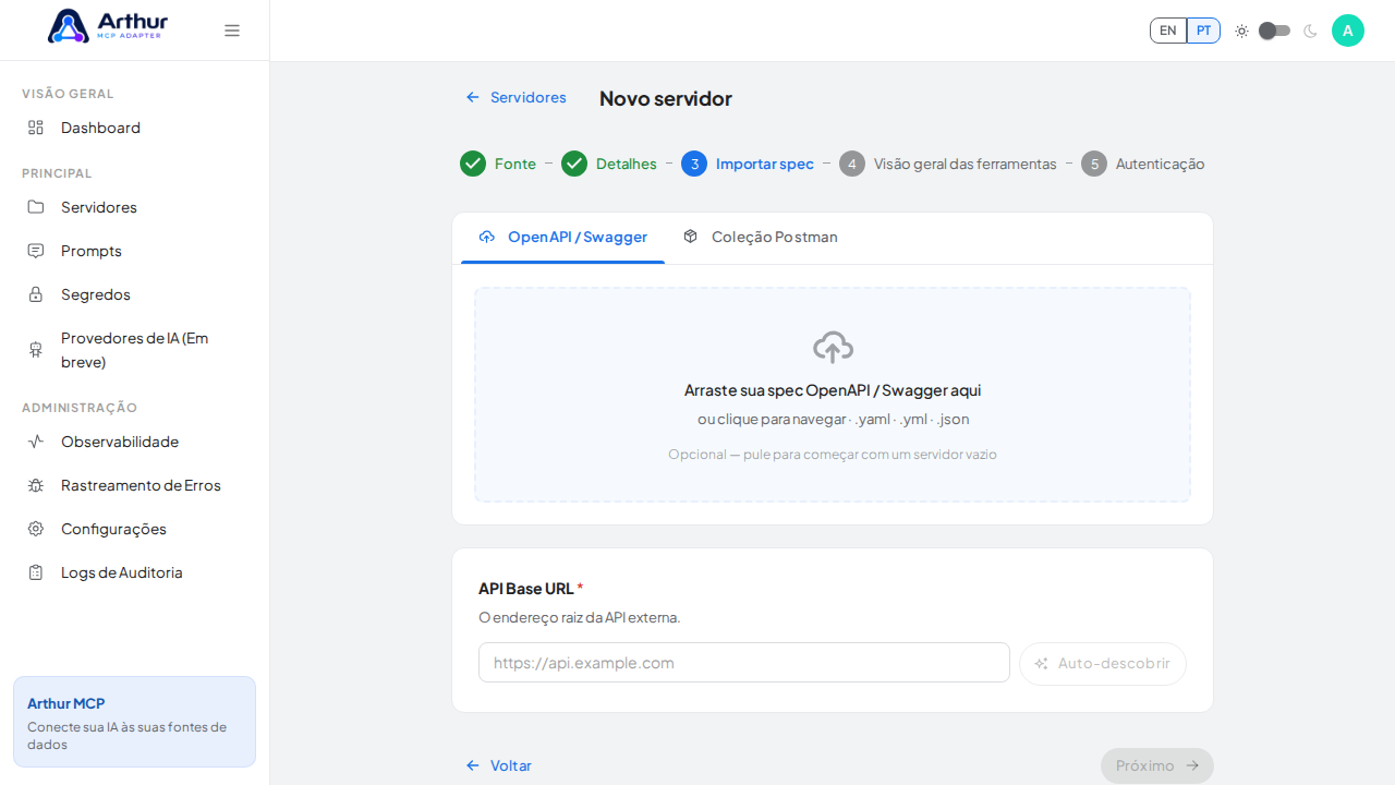 Enquadre a área de upload OpenAPI e os tipos de arquivo aceitos