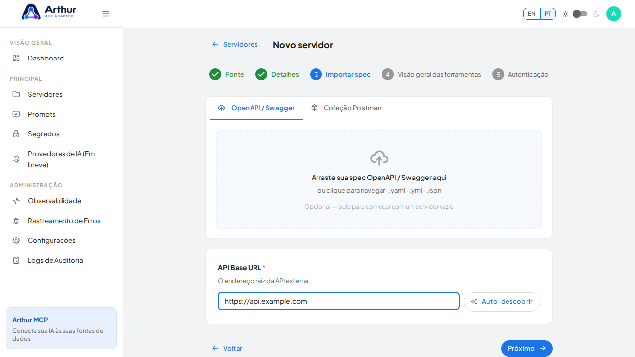 Mostre a URL base usada na importação ou descoberta da especificação