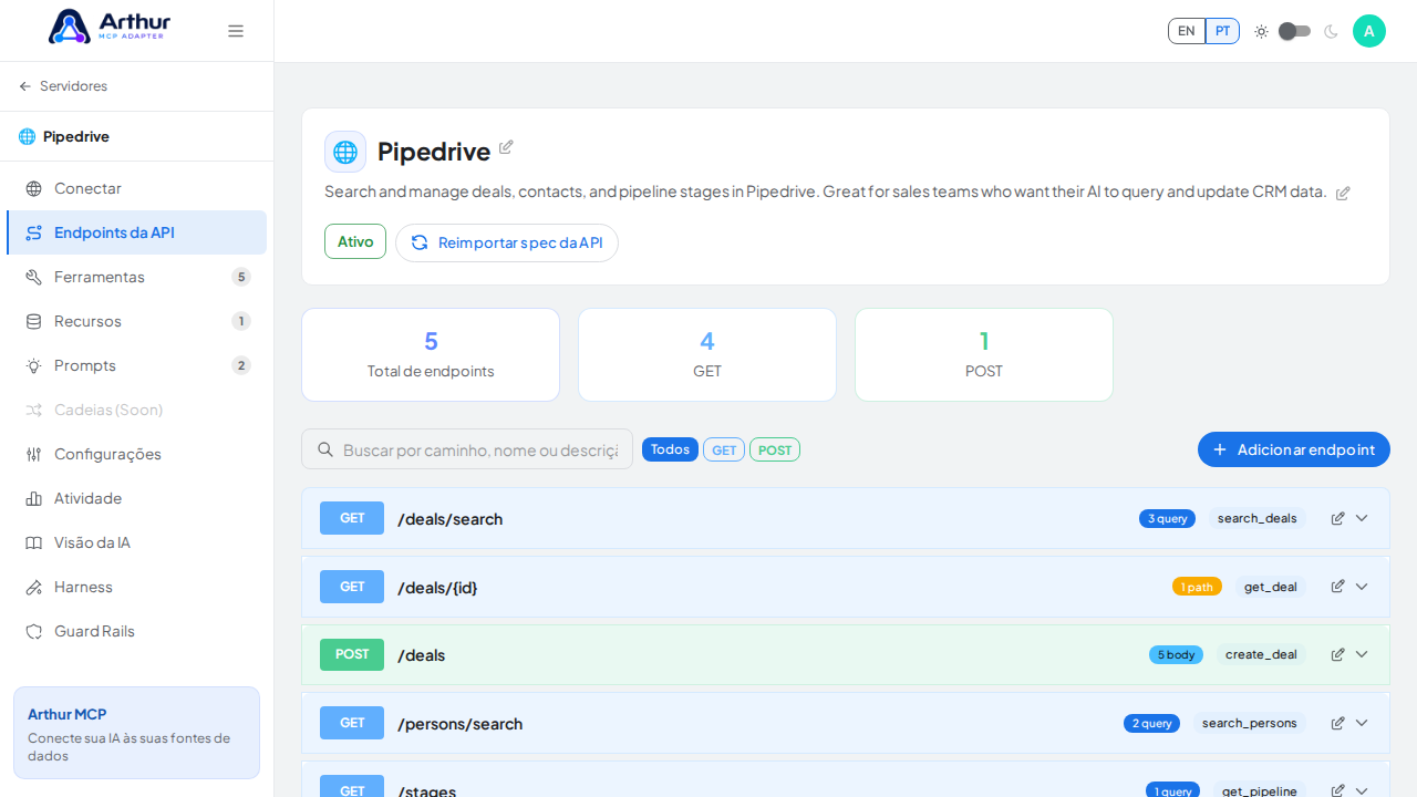 Abra a aba Endpoints da API, onde fica a interface usada por este procedimento