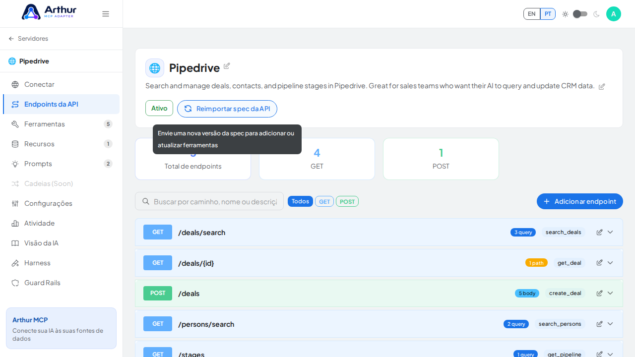 Leve o painel Reimportar spec da API para a área visível da captura