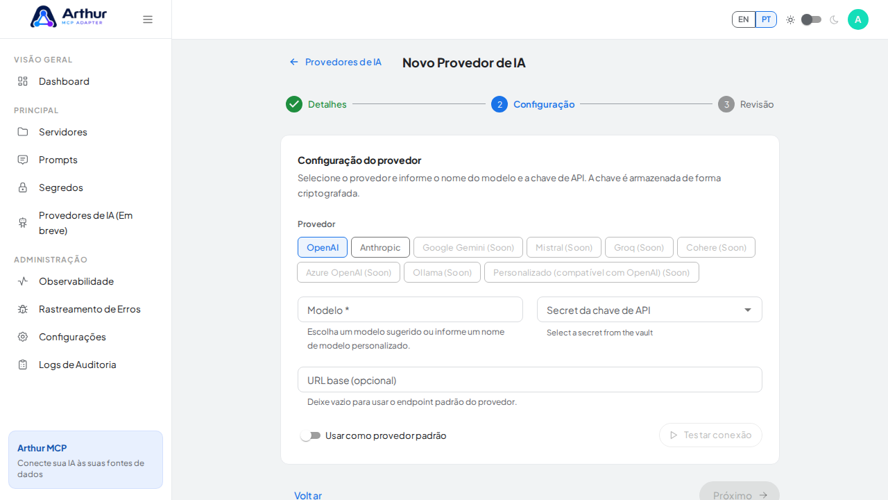 Abra a etapa de configuração do provedor