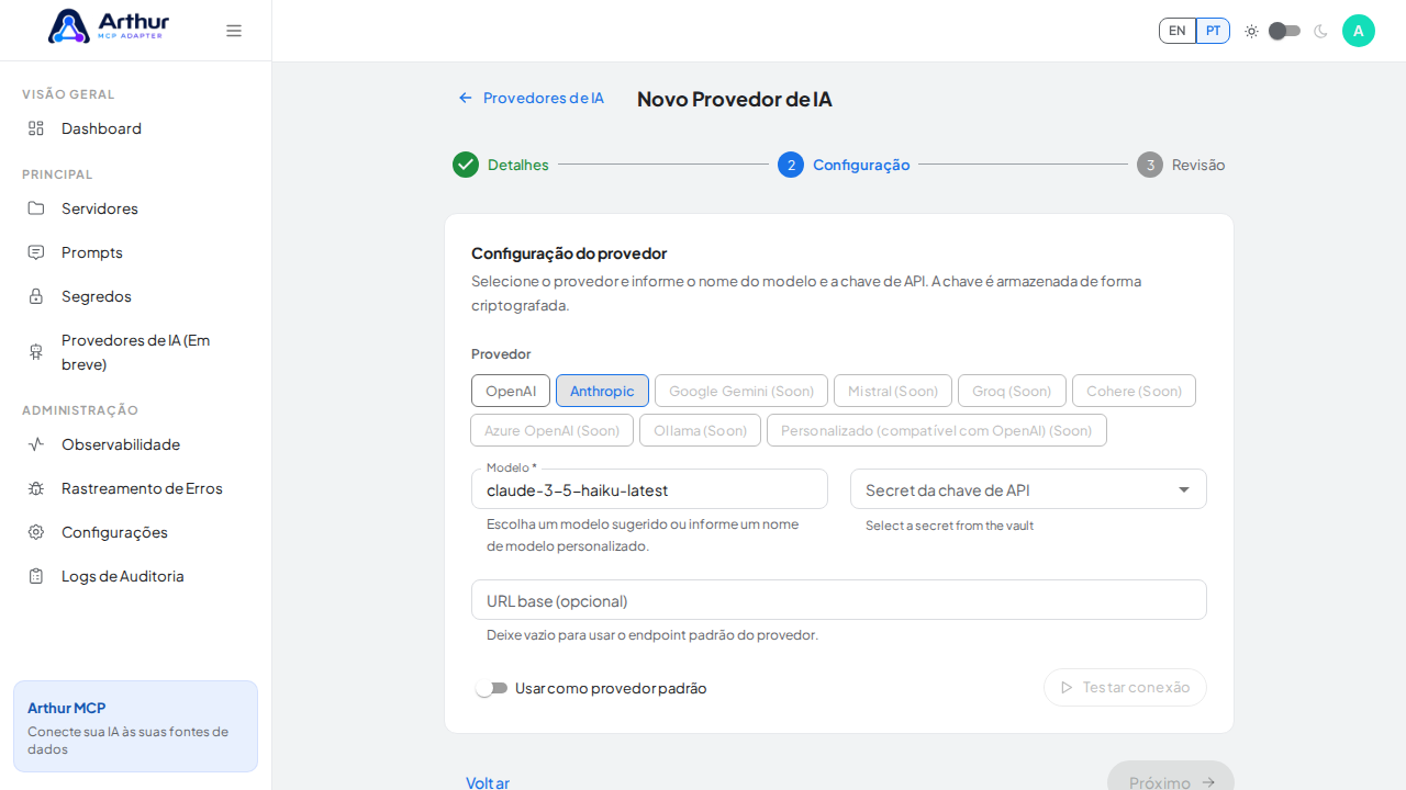 Selecione Anthropic, um provedor habilitado para o pré-requisito de IA