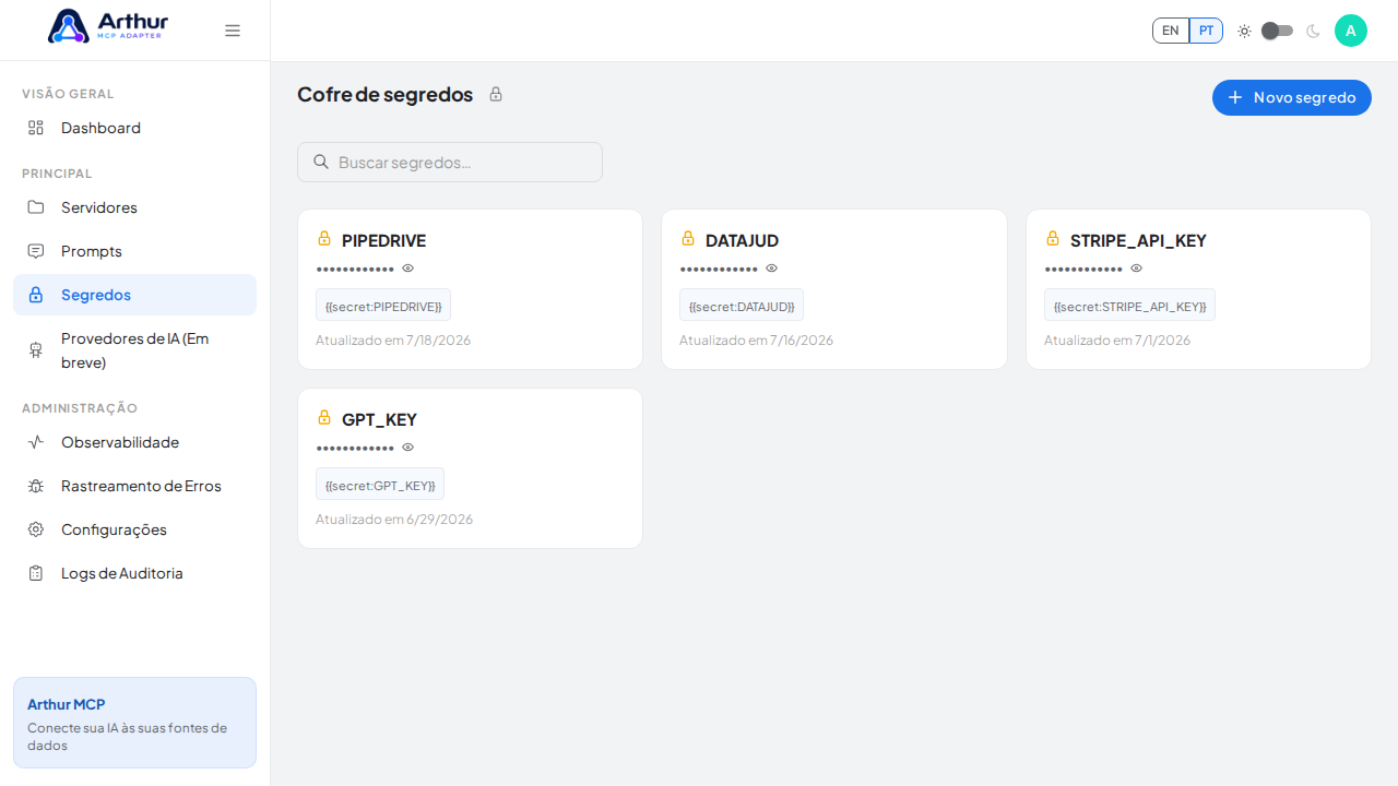 Abra a tela do Arthur que oferece suporte visual a “Segredos e Autenticação”