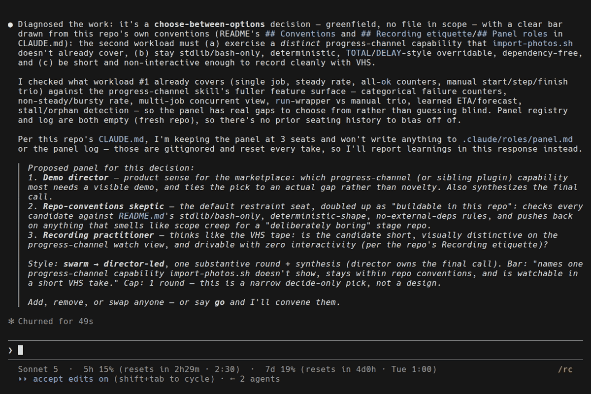 Recording of a real Claude Code session: brainstorm-panel proposes a three-seat panel — a demo director