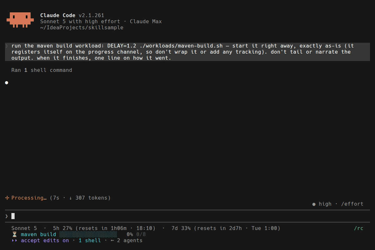 Recording of a real Claude Code session: Claude starts a Maven build