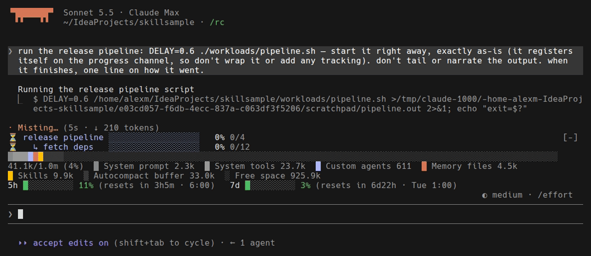 Recording of a real Claude Code session with no status line: Claude starts a release pipeline and the pipeline and its current stage appear as two live bars above the prompt