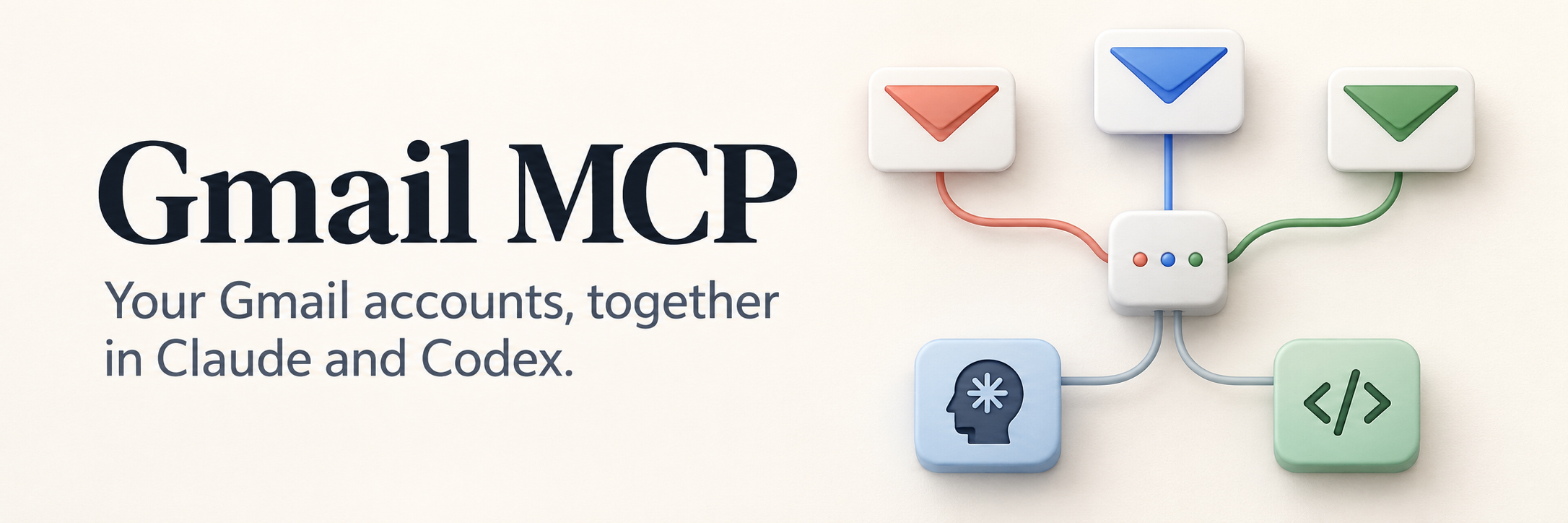 Gmail MCP: your Gmail accounts, together in Claude and Codex. Three mailboxes connect through one server.