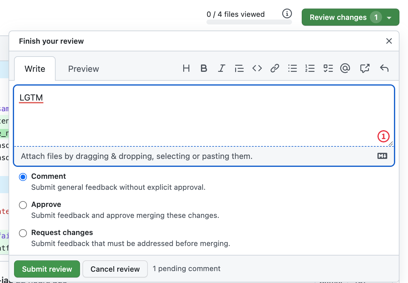 Enter LGTM on a review