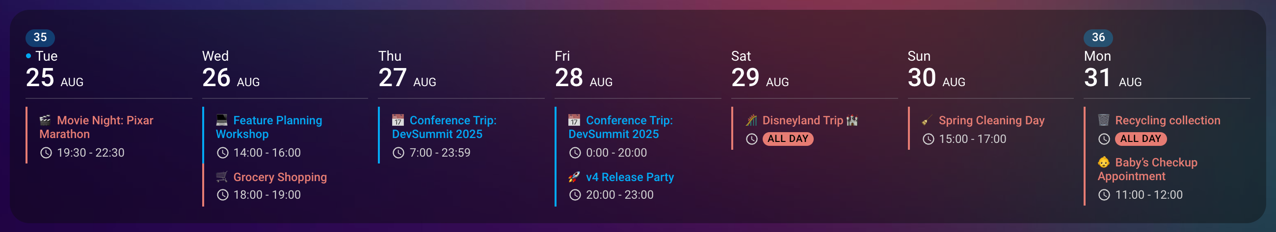 Calendar Card Pro Wochenansicht als Spalten