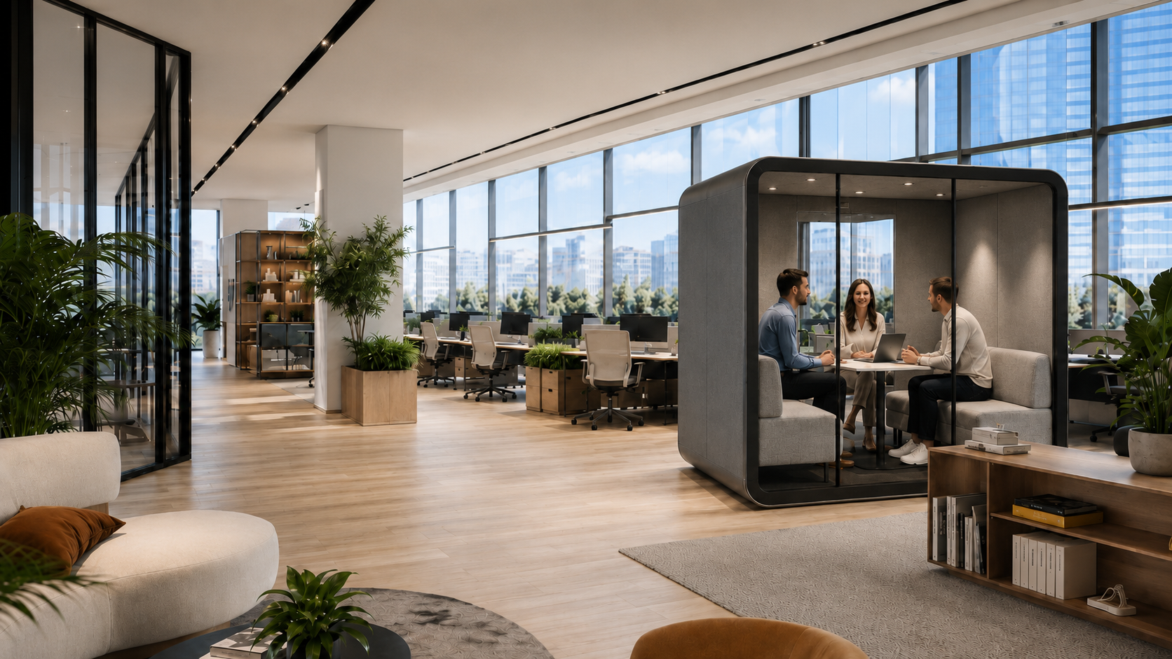 Modern office with acoustic cabins