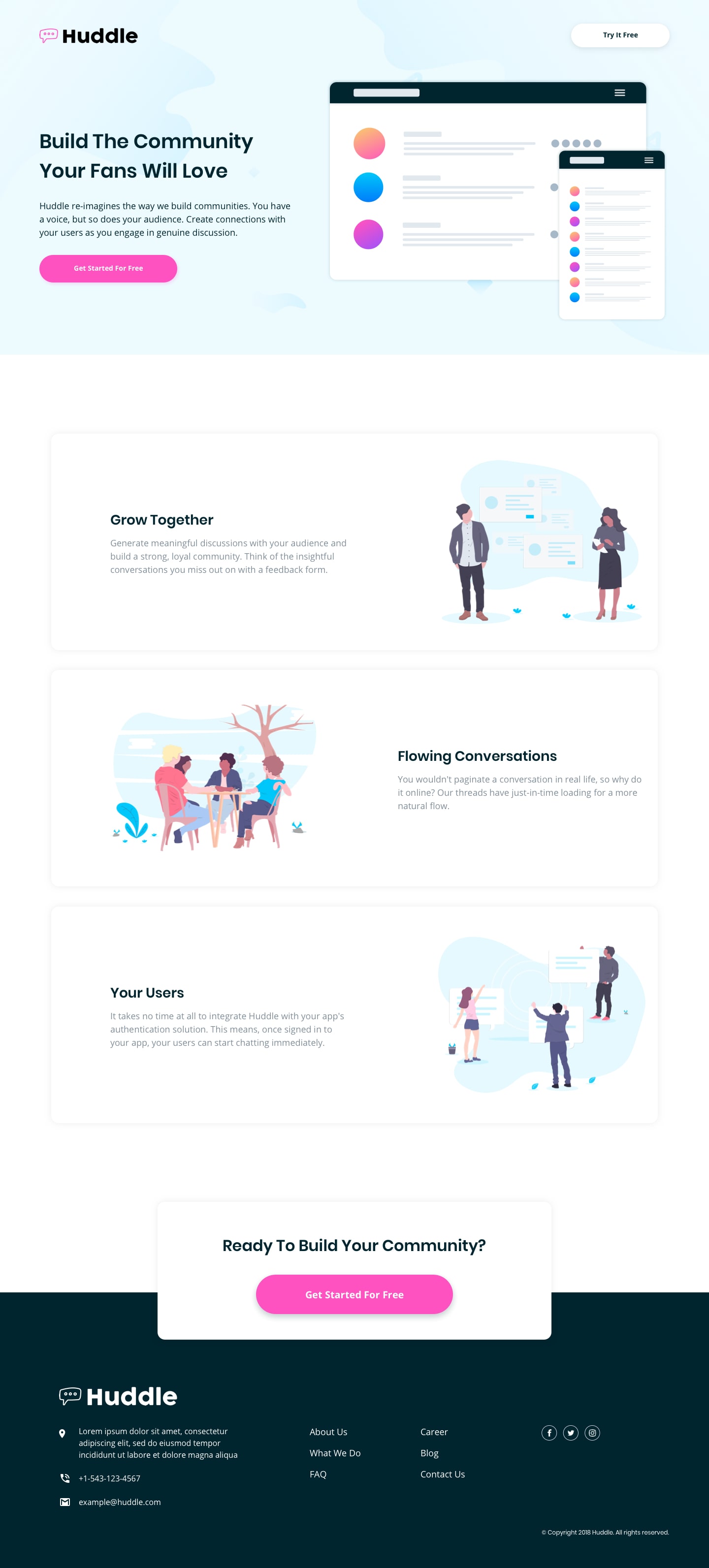 Huddle Landing Page with alternating feature blocks