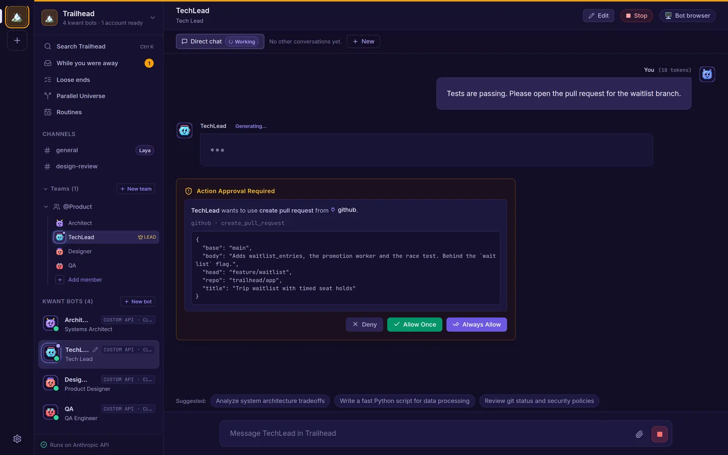 An approval card: TechLead wants to create a pull request on GitHub, with the full arguments shown and Deny, Allow Once and Always Allow buttons.