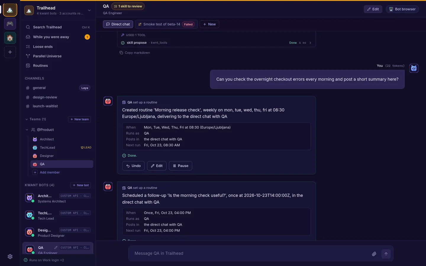 QA set up a routine when asked to check overnight checkout errors every morning: weekdays at 08:30, posting in the direct chat, with Undo, Edit and Pause buttons.