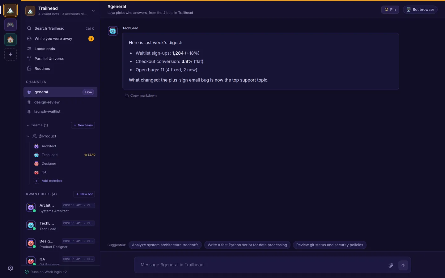 The space rail with three spaces, Trailhead, Pixel Quest and Home, each with its own icon and colour. Trailhead is open on #general with a weekly digest posted by a routine.