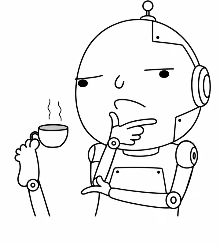 A puzzled robot holding coffee and wondering what you meant