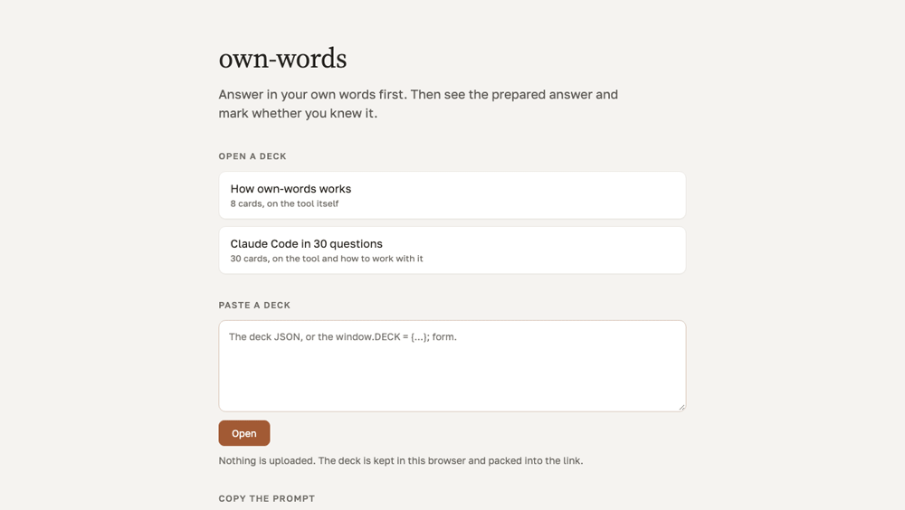 A card with the prepared answer open above my own words