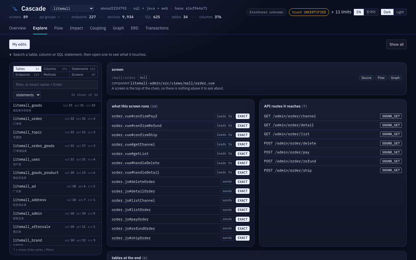 The Explore tab showing a screen card: the component file it mounts, thefourteen frontend functions it runs, and the seven API routes thosereach
