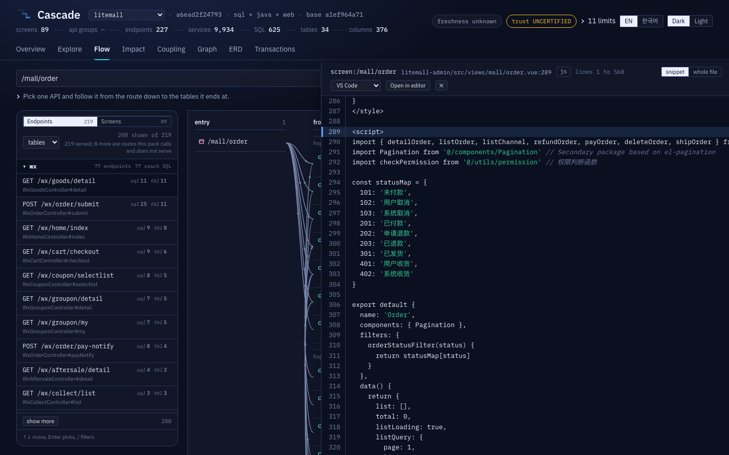 The source pane docked to the right of the Flow tab, showing the componentfile on disk with its own line numbers and the answer's linesmarked