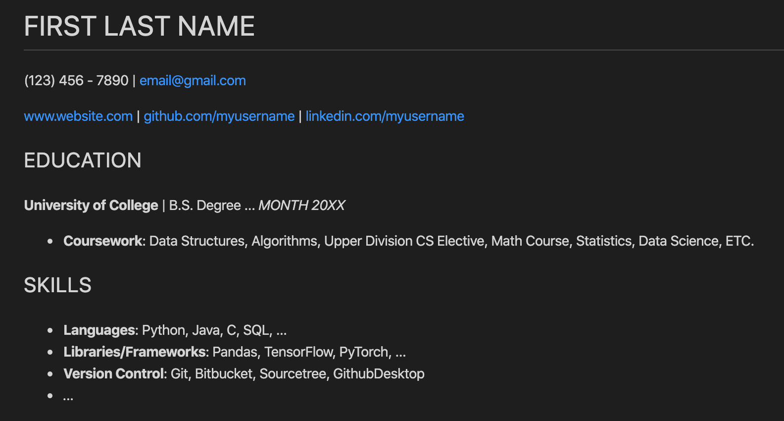 Resume Template Screenshot Dark