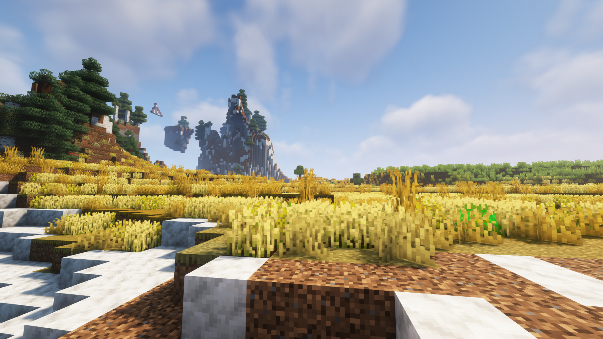 A crop field created with the Terralith datapack for Minecraft