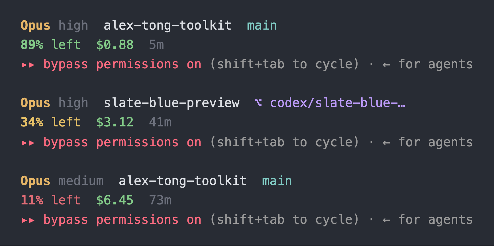 The status line in three sessions: 89% left in green, 34% left in amber inside a worktree, and 11% left in red