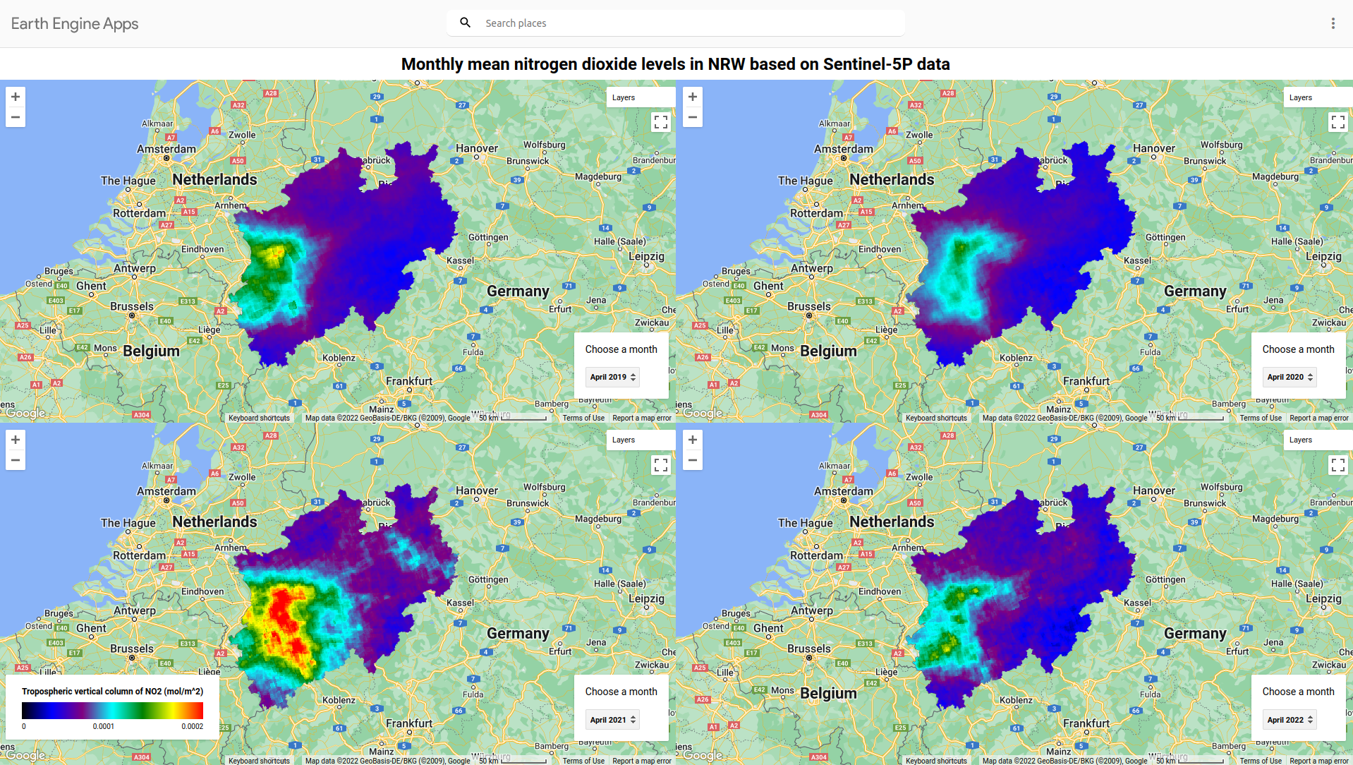 Sentinel-5P NO2 NRW April 2019, 2020, 2021 and 2022