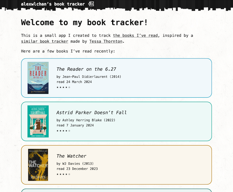 A screenshot of the homepage, which has a brief introductory paragraph and a list of three recent books.