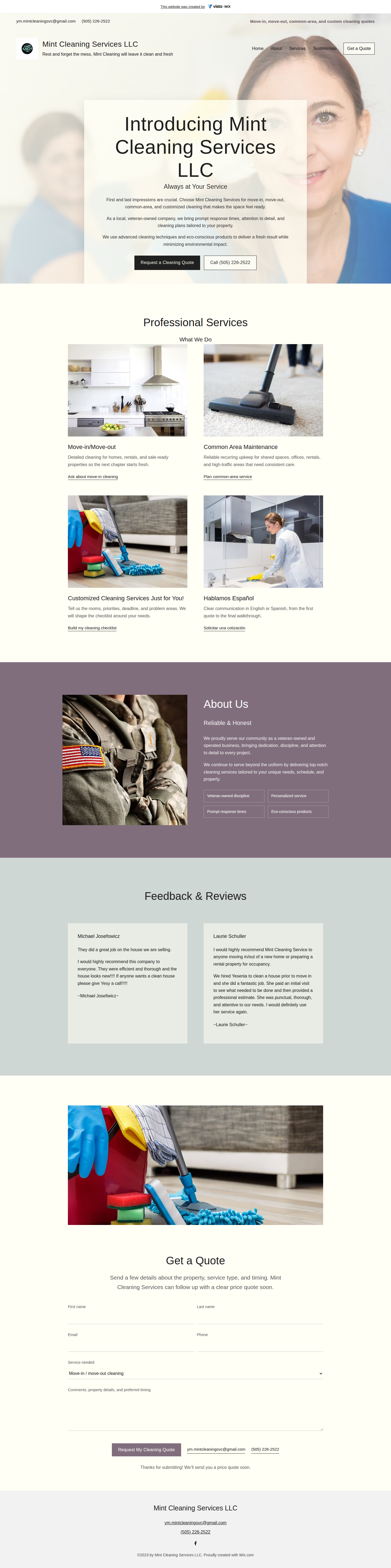 Prototype screenshot for Mint Cleaning Services LLC