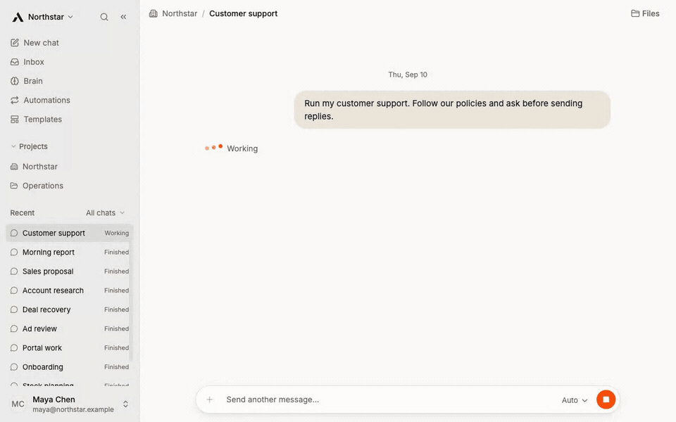 A person asks it to run customer support. It reads the inbox and the returns policy, answers six customers, and leaves two refunds for a person to decide.