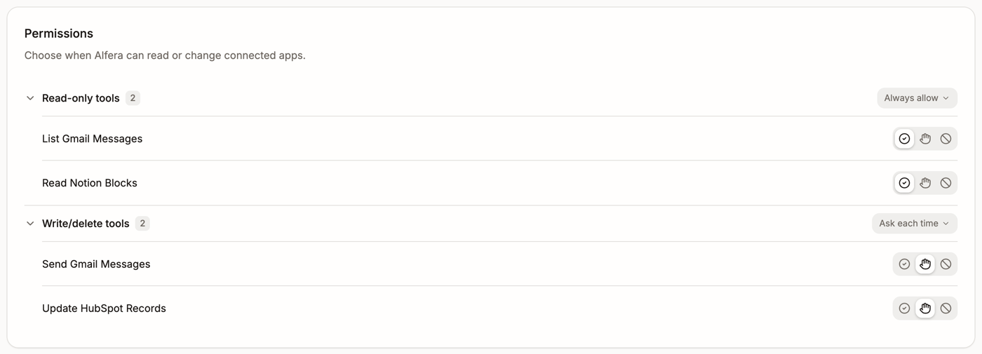 Permissions: reading Gmail and Notion is always allowed, sending Gmail and updating HubSpot ask each time