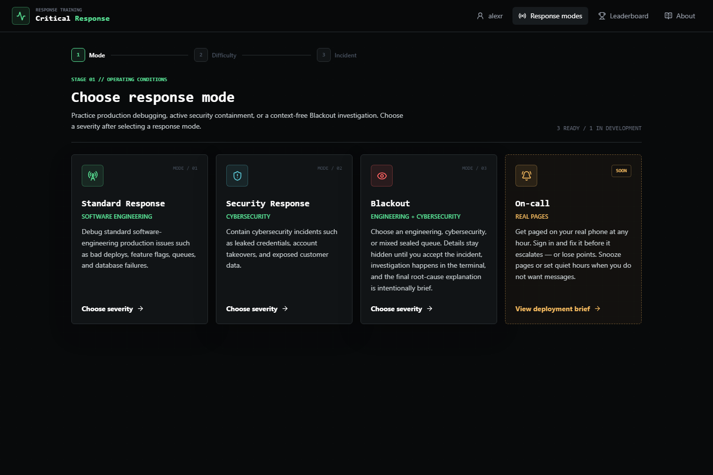 Standard, Security, Blackout, and On-call response modes