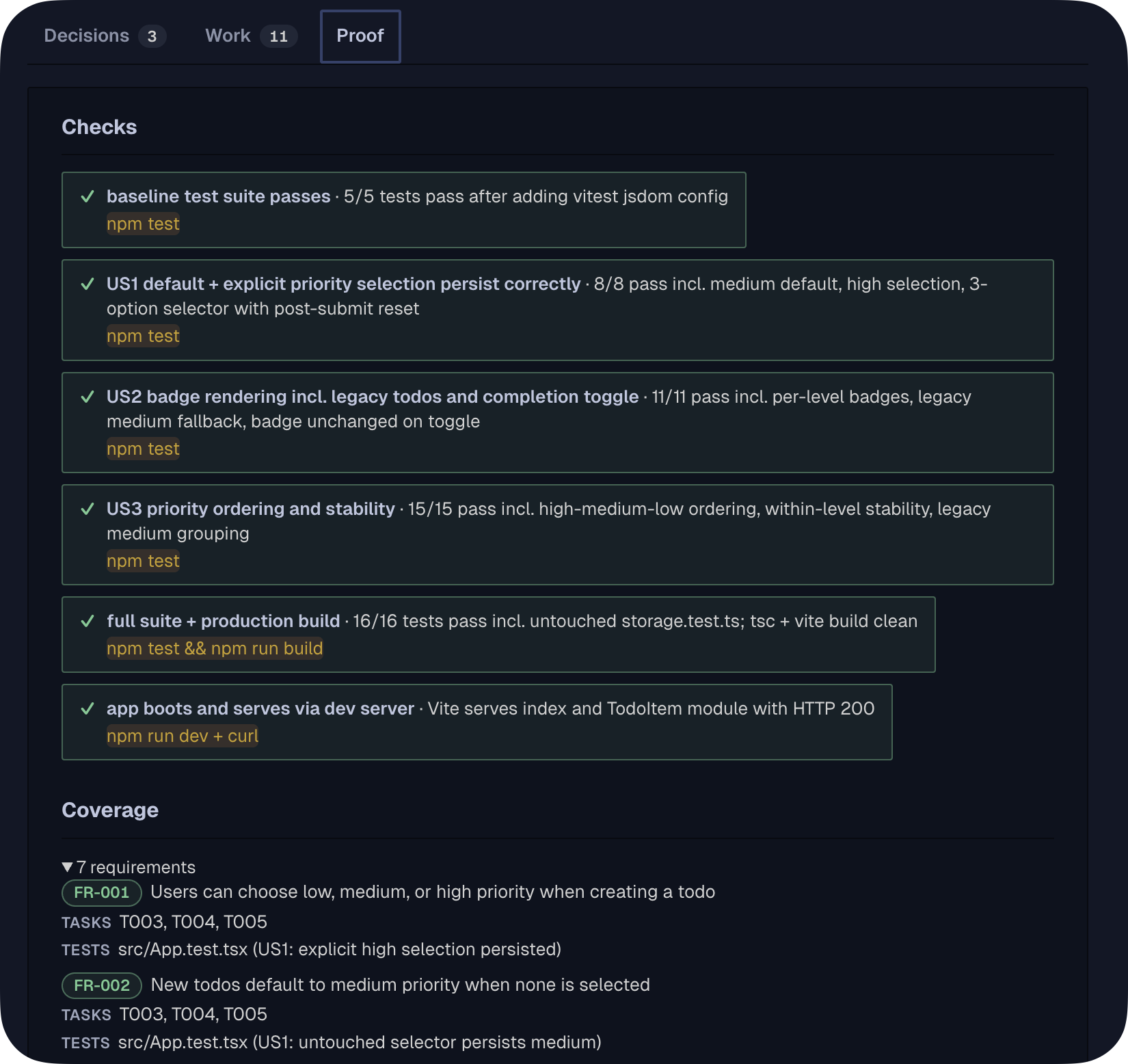 The Proof tab: verified checks with their commands and a requirement coverage map