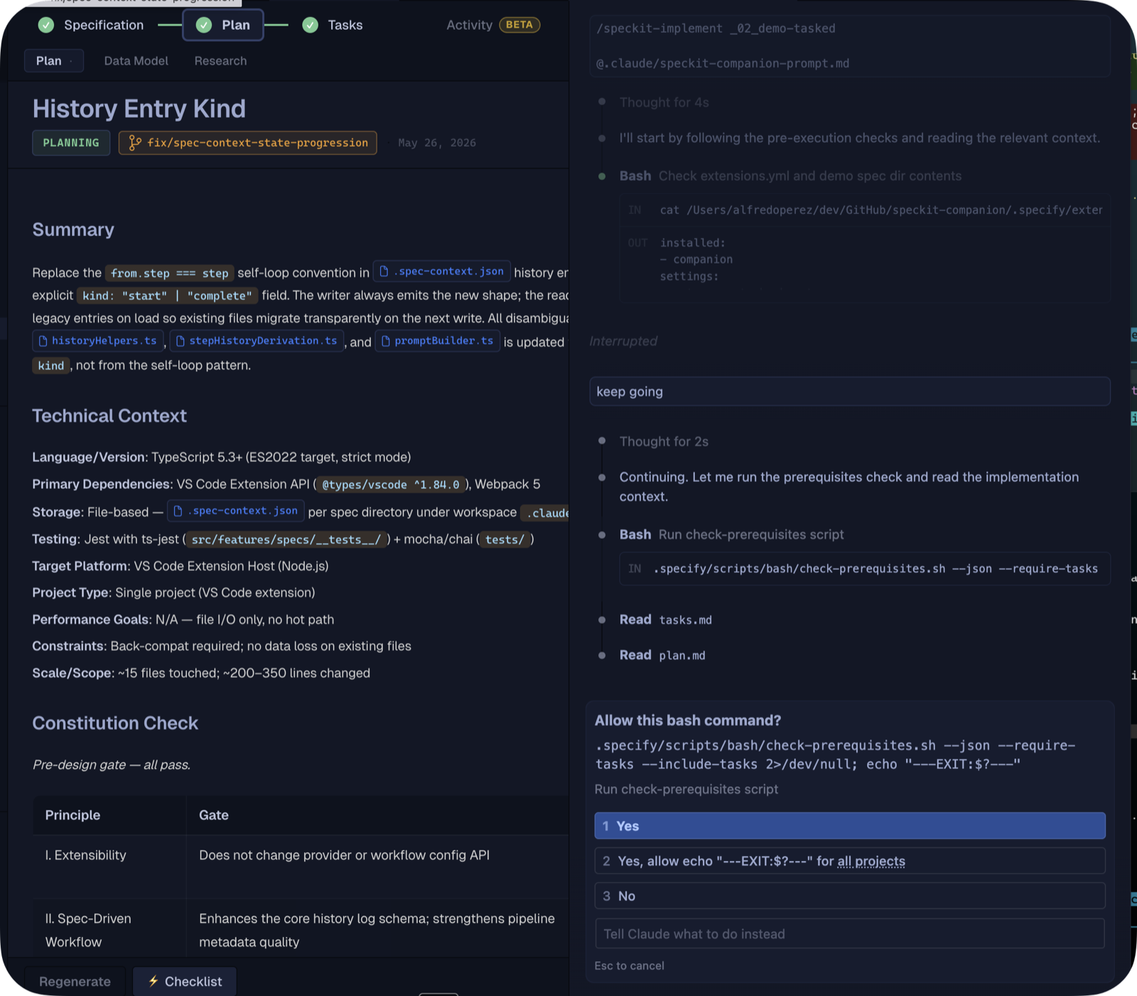 SpecKit Companion dispatching /speckit.implement into the Claude Code panel in VS Code