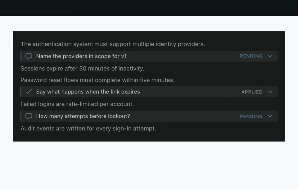 Inline review comments on a spec: two pending comments and one already applied, each pinned under the line it annotates