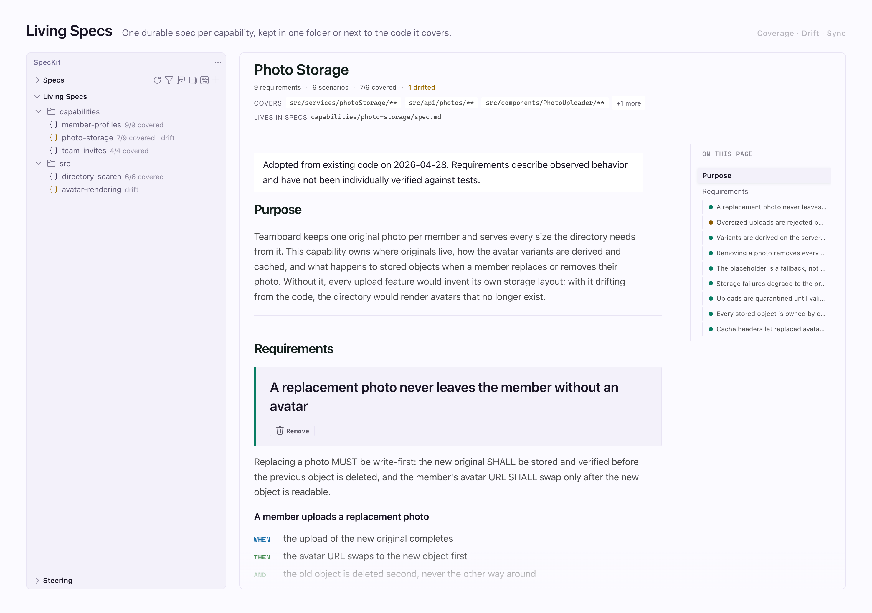 The Living Specs pair: the sidebar's Living Specs view with per-capability coverage counts and drift flags, beside the viewer open on the photo-storage capability with its LIVING badge, covered globs, purpose, and WHEN/THEN requirement rows