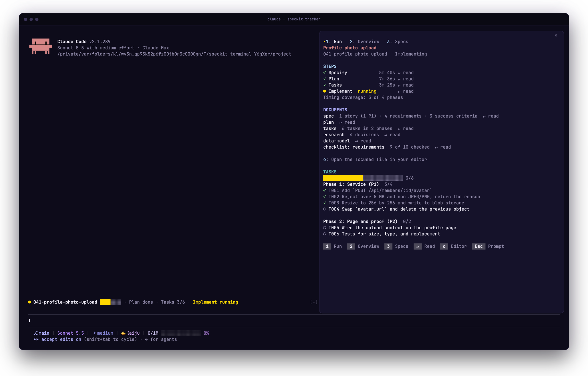 A Claude Code terminal with the mod's pane beside the transcript on its Run tab: Specify, Plan and Tasks ticked with their times, Implement running, the documents, and three of six tasks ticked. The band above the prompt names the spec and reads Plan done, Tasks 3/6, Implement running.