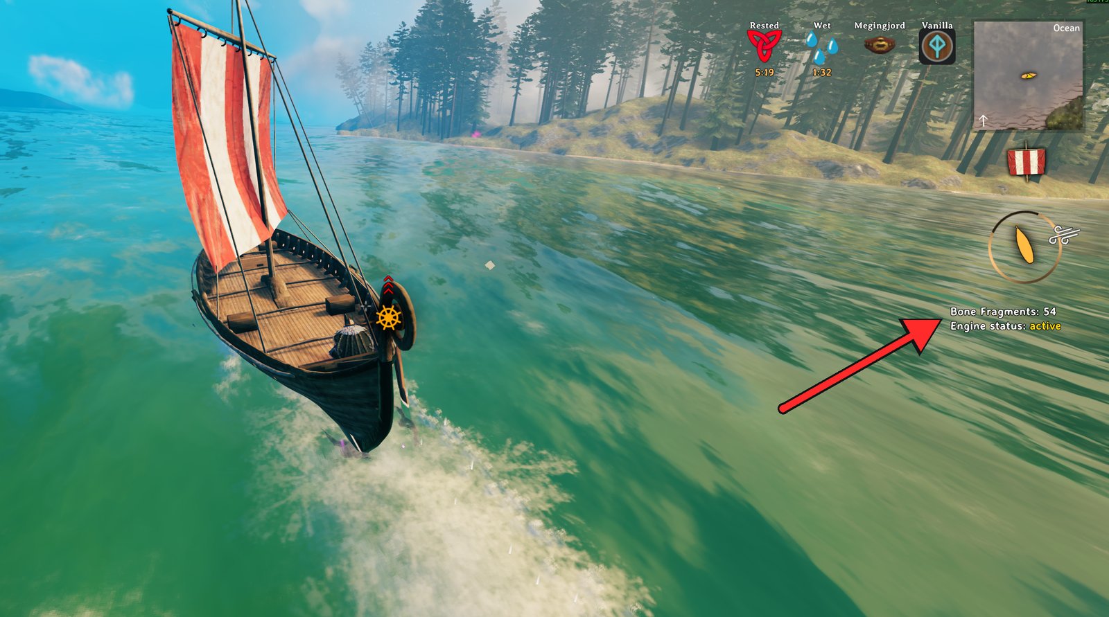 A boat at full sail leaving a wake, with a red arrow pointing at Bone Fragments: 54 and Engine status: active