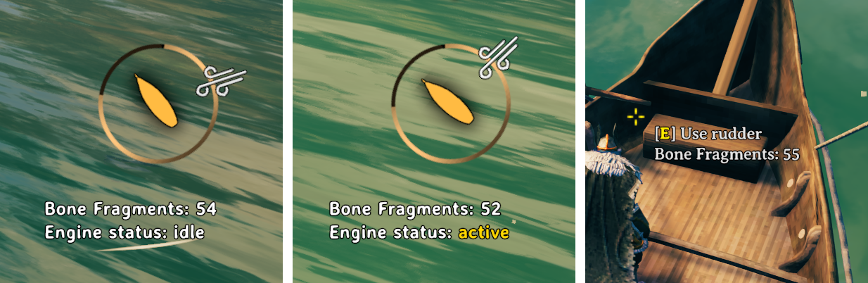 Under the wind compass, Bone Fragments with Engine status: idle and with Engine status: active, then the rudder's hover text with Bone Fragments: 55