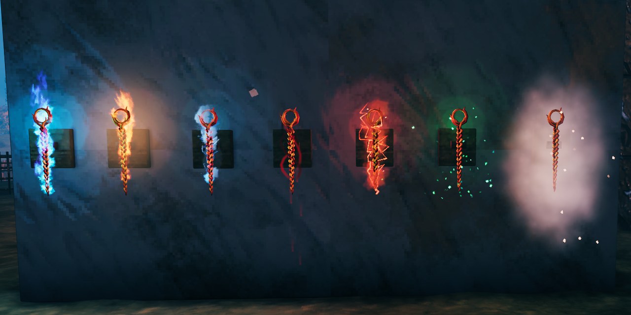 Seven Echo Spikes on item stands along a wall, each wearing a different look