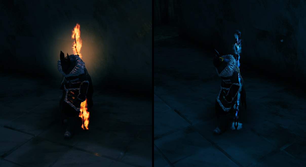 A player at night holding Lightning Strike in two looks: on fire, and glowing blue