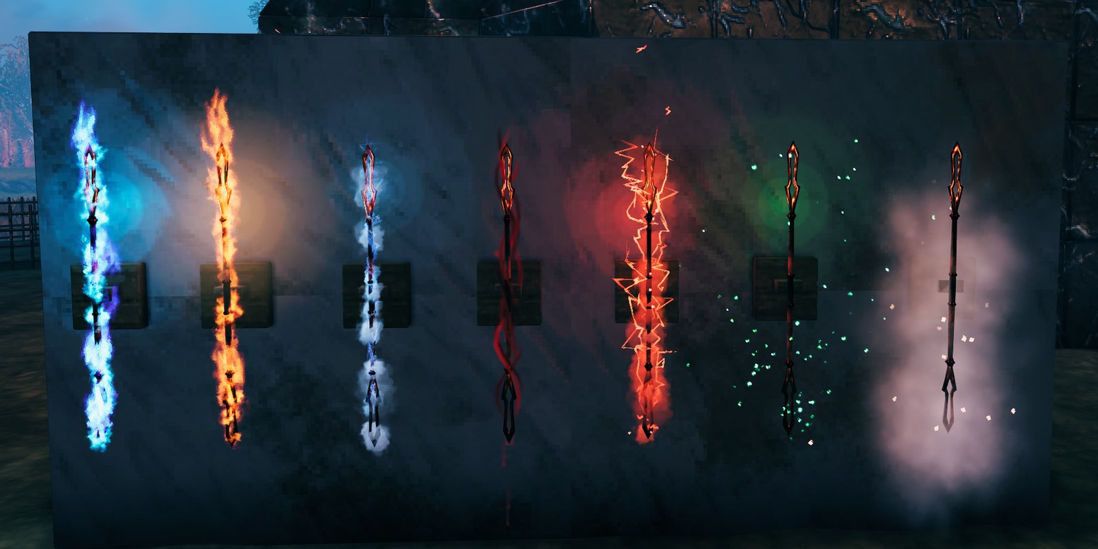 Seven Lightning Strikes on item stands along a wall, each wearing a different look