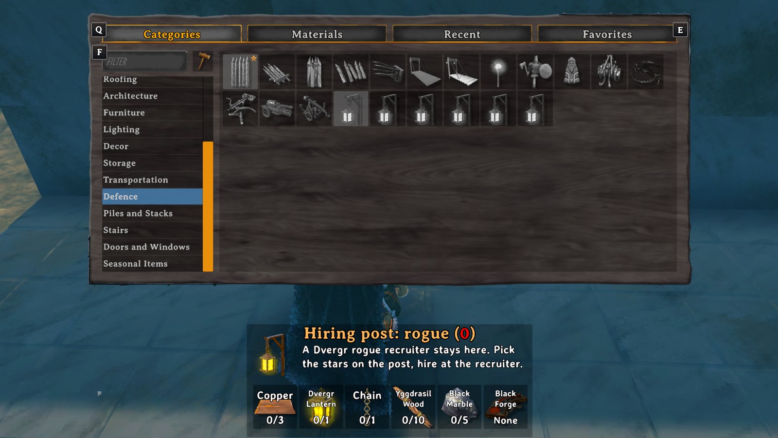 The hammer's Defence section with the six hiring posts, and what the rogue post costs
