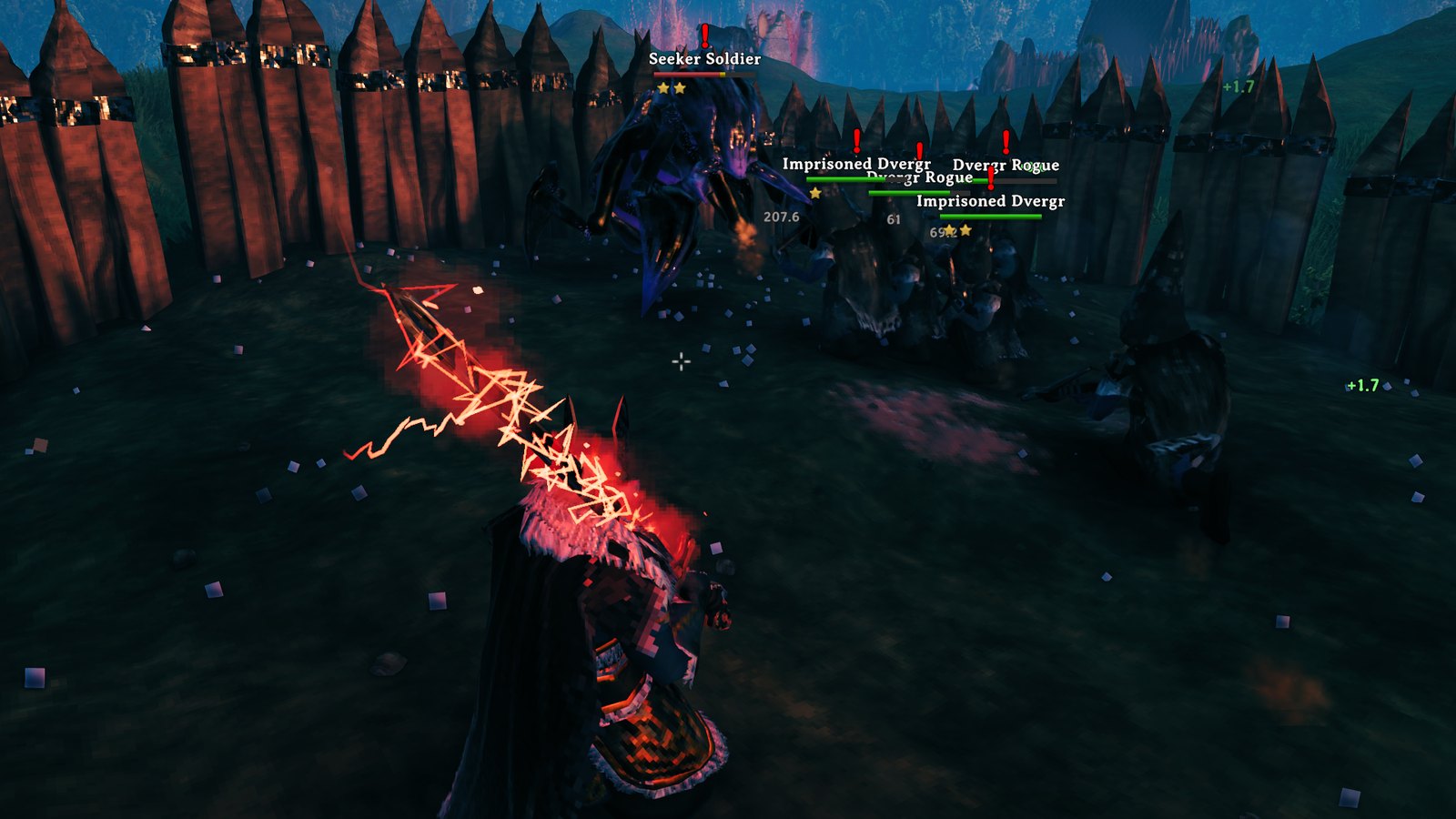 Hired Dvergr fighting a two-star Seeker Soldier at dusk