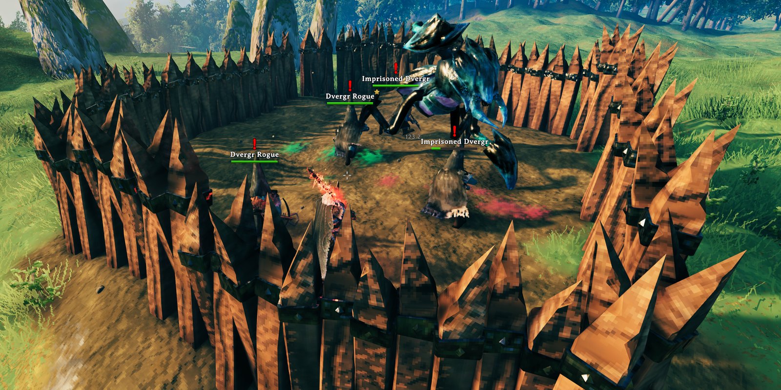 Hired Dvergr fighting a Seeker inside a palisade pen